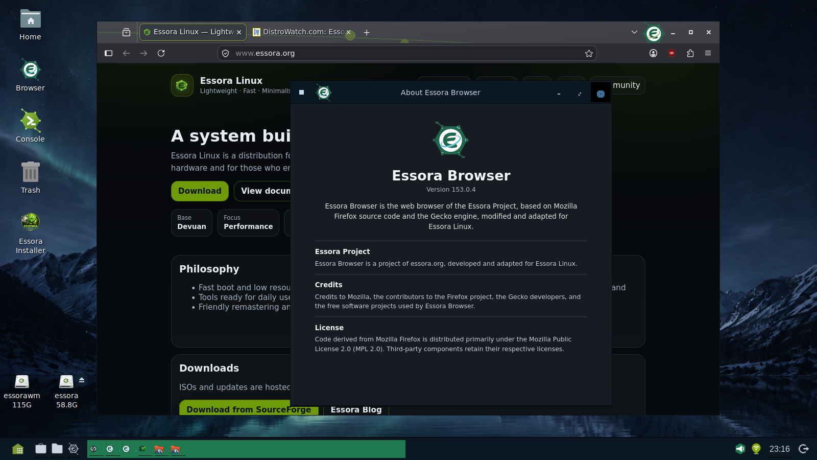 Essora Browser on Essora Eos Fluxbox XLibre