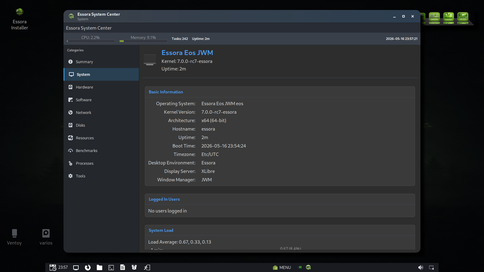 Essora System Info showing XLibre, JWM and Essora Desktop