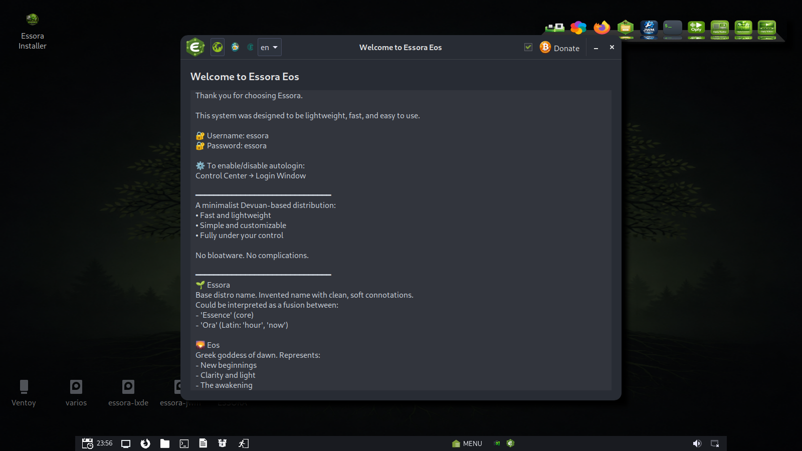 Essora Desktop first start screen