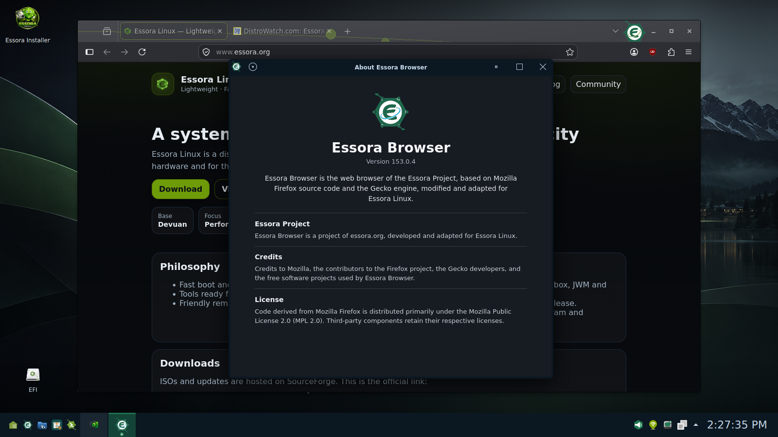 Essora Browser showing its about screen and the Essora website