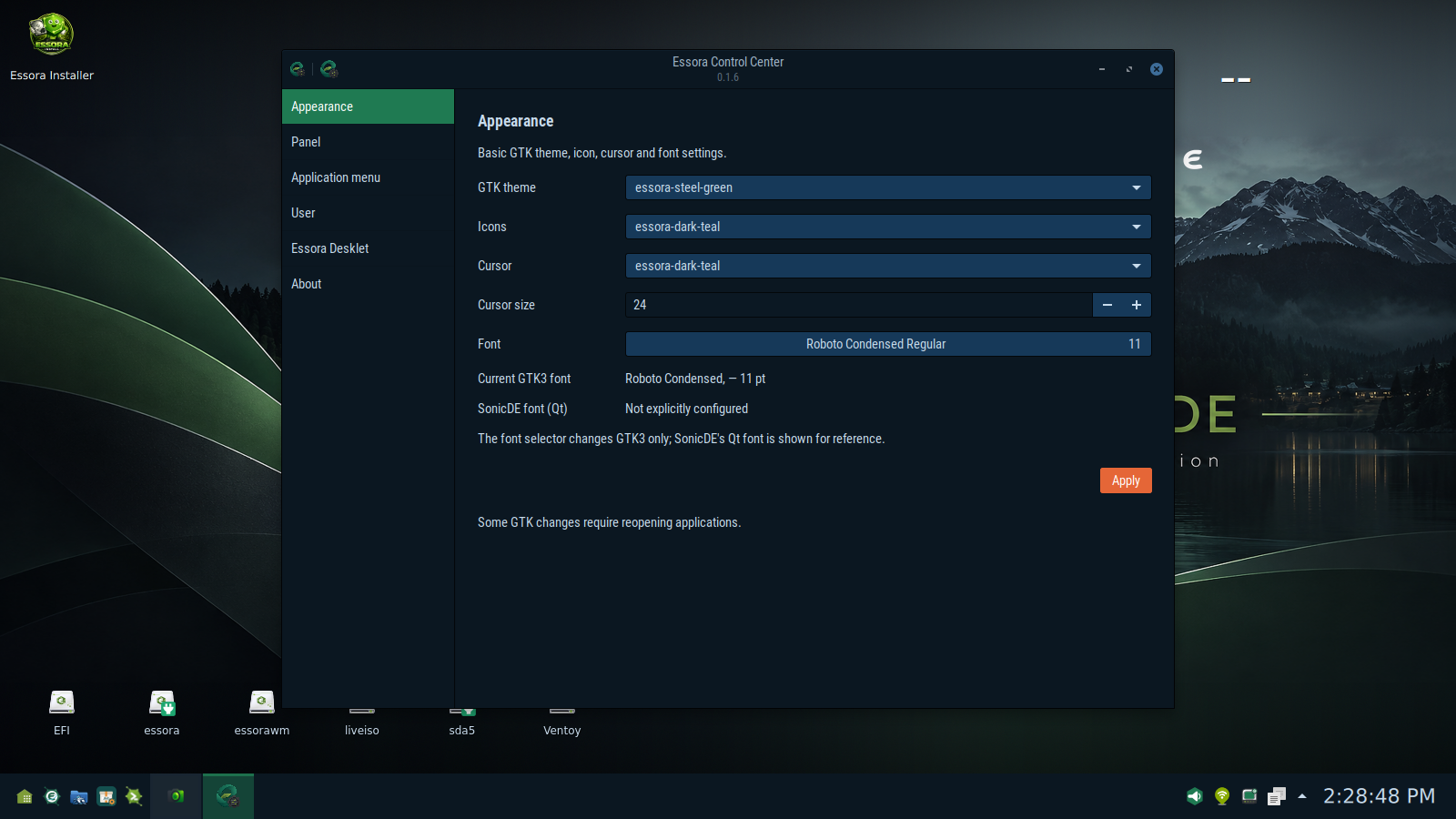 Essora Control Center showing GTK appearance, icon theme, cursor and fonts settings on SonicDE