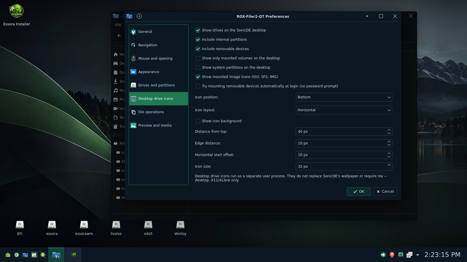 ROX-Filer2-Qt preferences for enabling, disabling, arranging and customizing drive icons on the SonicDE desktop