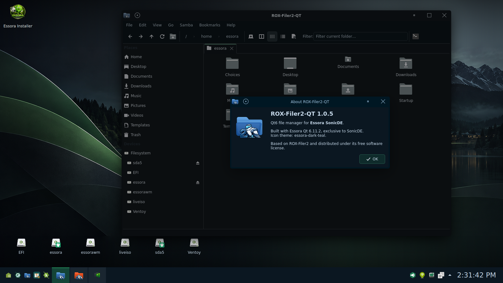 ROX-Filer2-Qt file manager on SonicDE showing tabs, places, partitions and a Qt6 about dialog